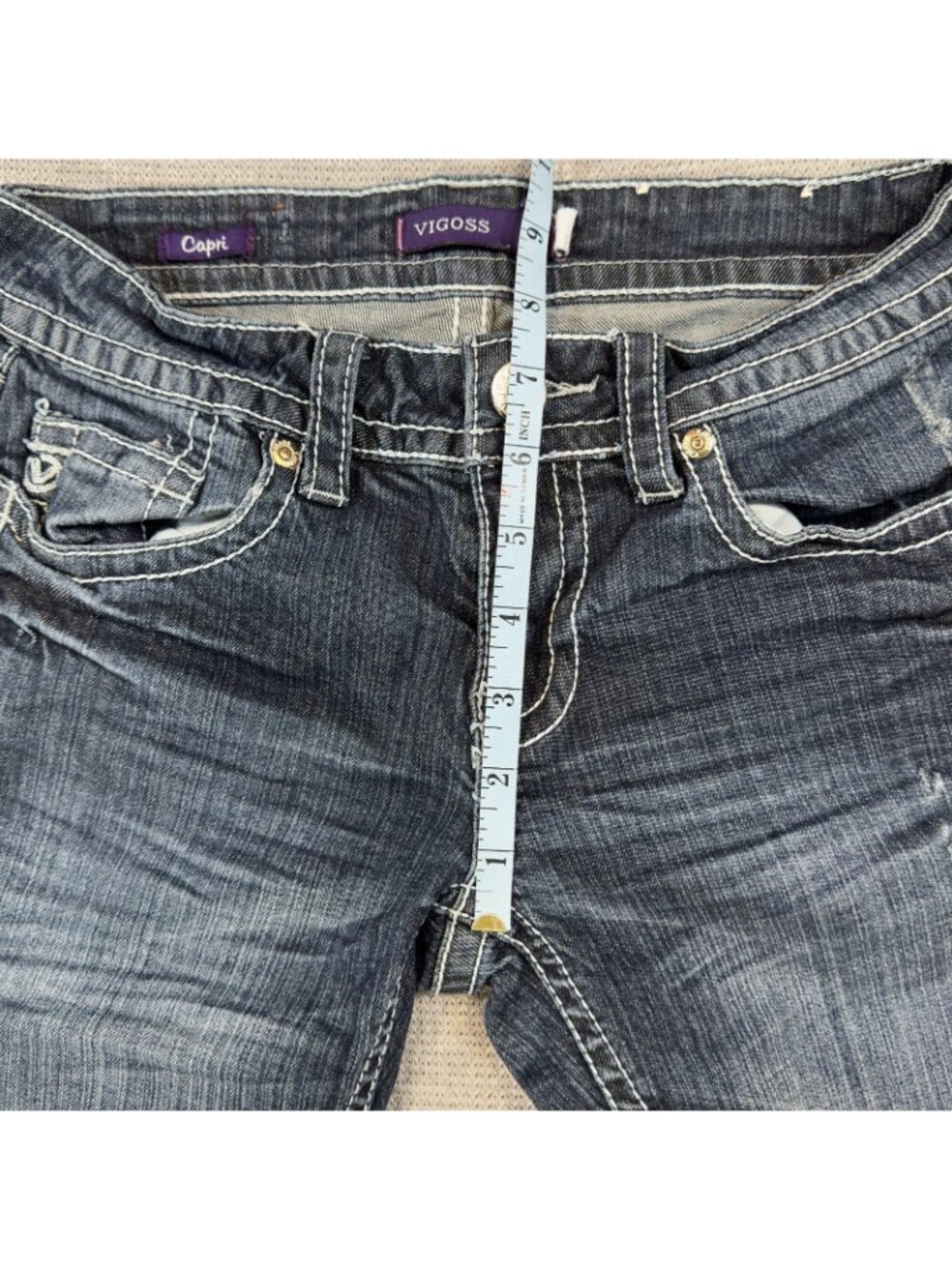 Vigoss Capri Jeans Womens Size 0 Rolled Cuff Distressed Stretch Blue Denim - Picture 11 of 16